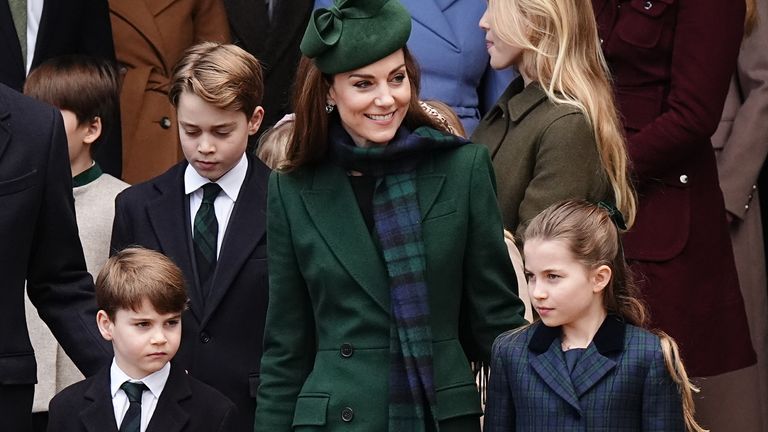 Prince Louis, Prince George, the Princess of Wales and Princess Charlotte following the Christmas Day morning church service at St Mary Magdalene Church in Sandringham, Norfolk. Picture date: Wednesday December 25, 2024.
