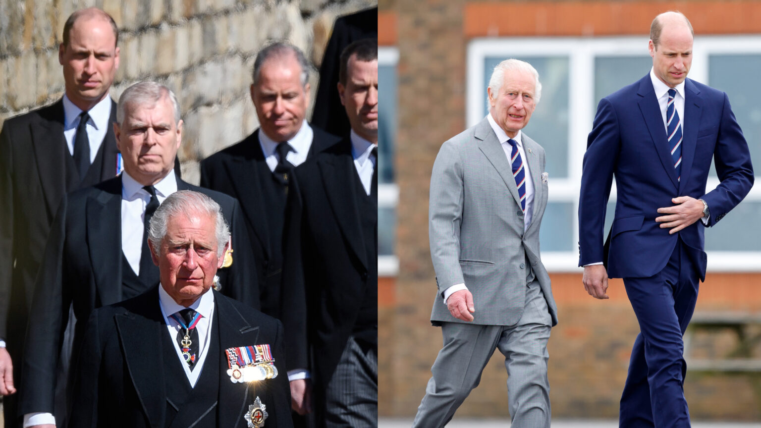 Prince William Is in a “Power Struggle” With Father King Charles Over Prince Andrew’s Future King Charles, Prince Andrew and Prince William standing in a row at Prince Philip's funeral next to a photo of King Charles and Prince William walking in suits and striped ties