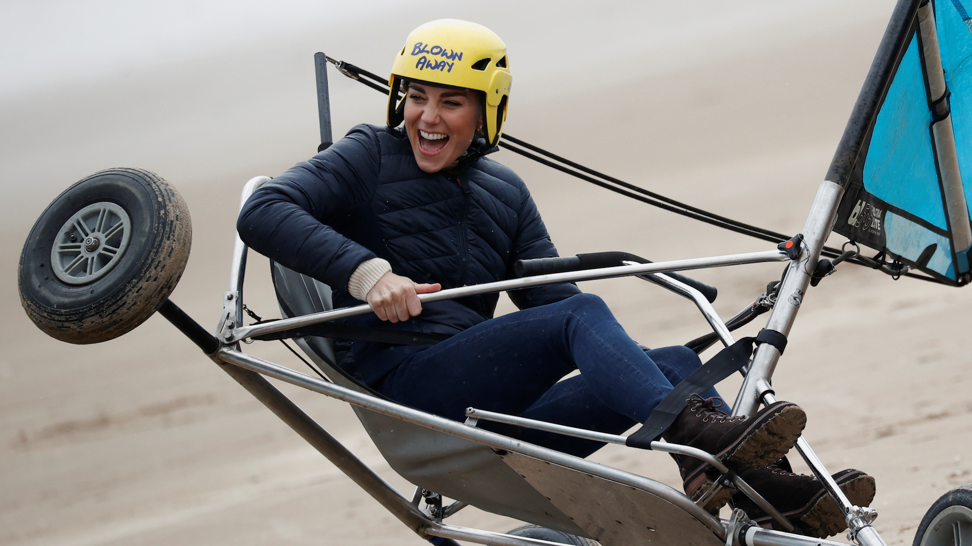 Catherine, Duchess of Cambridge prepares for a session of land yachting at the beach on May 26, 2021 in St Andrews, Scotland
