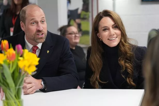 Britain's Prince William, Prince of Wales, Patron of the Welsh Rugby Union (WRU), and Catherine, Princess of Wales, Patron of the Rugby Football Union (RFU), meet injured players who are supported by the Welsh Rugby Charitable Trust as they attend the Six Nations match between Wales and England at the Principality Stadium on March 15, 2025 in Cardiff, Wales.  