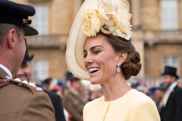 LONDON, ENGLAND - MAY 20: Catherine, Princess of Wales speaks to guests during a Royal Garden Party at Buckingham Palace on May 20, 2025 in London, England. (Photo by Aaron Chown - WPA Pool / Getty Images)