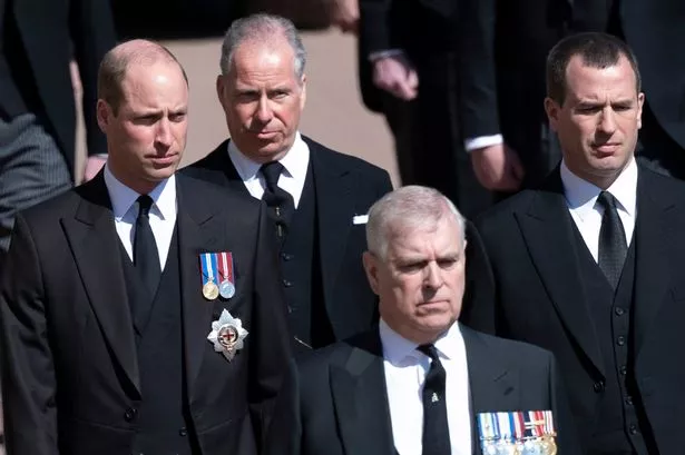 WINDSOR, ENGLAND - APRIL 17: Prince William, Duke of Cambridge, Prince Andrew, Duke of York, Peter Phillips and David Linley, Earl of Snowdon during the funeral of Prince Philip, Duke of Edinburgh on April 17, 2021 in Windsor, England. 