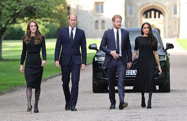 The Prince and Princess of Wales and the Duke and Duchess of Sussex on the long Walk at Windsor Castle wearing black