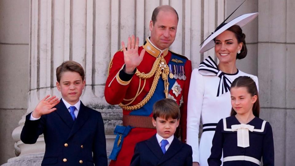 PHOTO: Prince William, and Catherine Princess of Wales on the balcony of Buckingham Palace with their children Prince George, Prince Louis, and Princess Charlotte wave to the crowds after the Trooping the Color ceremony, in London, June 15, 2024. (Alberto Pezzali/AP)