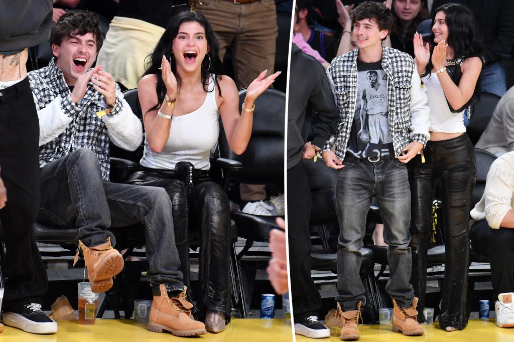 Kylie Jenner and Timothée Chalamet match in black and white at Lakers game