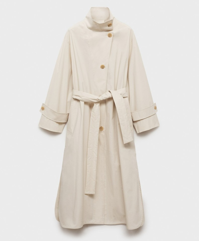 Beige belted trench coat.