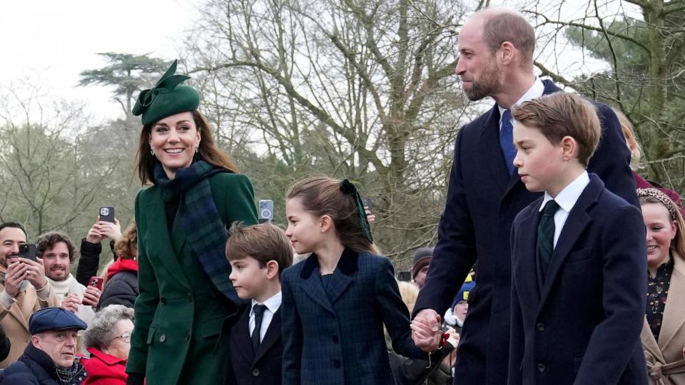 PHOTO: Kate, Princess of Wales, left with Prince Louis, Princess Charlotte, Prince William and Prince George arrive for the Christmas day service at St Mary Magdalene Church in Sandringham in Norfolk, England, Dec. 25, 2024. (Jon Super/AP)