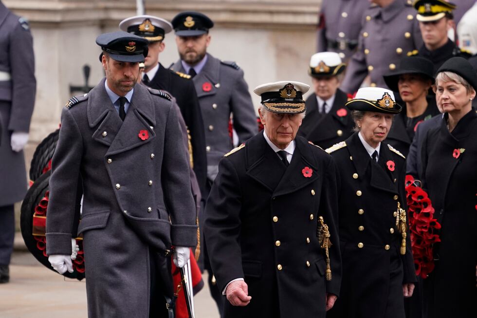 Britain's King Charles III, centre, with Prince William ,left, and Princess Anne attend the...