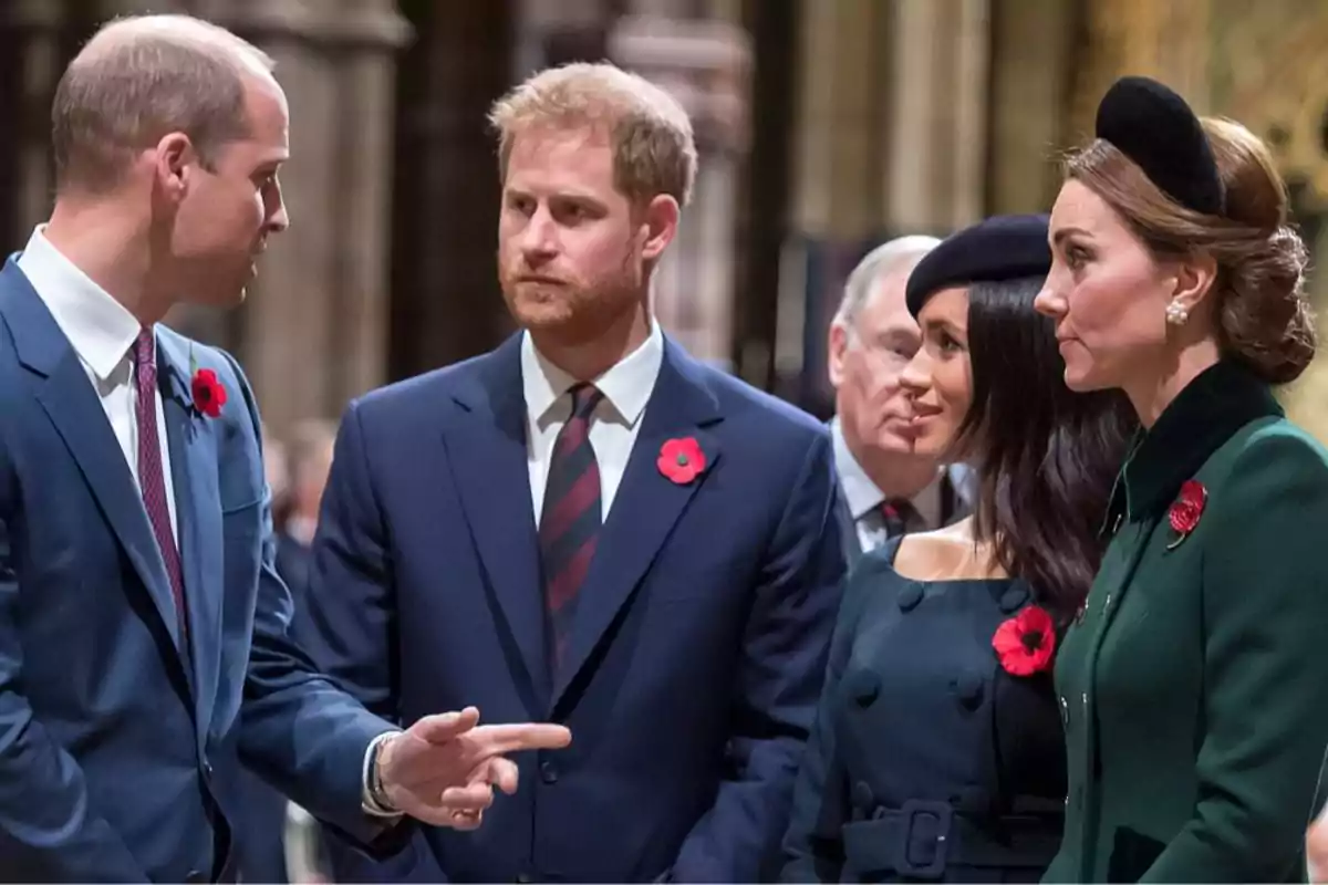 Prince William, Prince Harry, Meghan Markle, and Kate Middleton formally dressed conversing at an event.