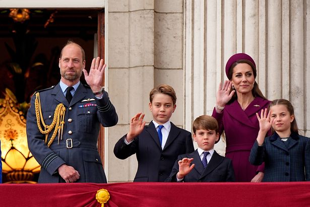 (left to right) the Prince of Wales, Prince George, Prince Louis, the Princess of Wales, and Princess Charlotte on the balcony of Buckingham Palace, London, to view the fly past featuring the Royal Air Force's Red Arrows and current and historic military aircraft