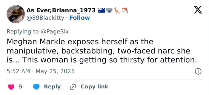 Tweet screenshot criticizing Meghan Markle’s Vogue cover diva demands that ended friendship with editor. Tweet screenshot criticizing Meghan Markle’s Vogue cover diva demands that ended friendship with editor.