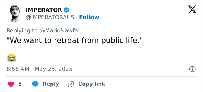 Screenshot of a Twitter reply quoting a statement about retreating from public life, featuring a laughing emoji. Screenshot of a Twitter reply quoting a statement about retreating from public life, featuring a laughing emoji.