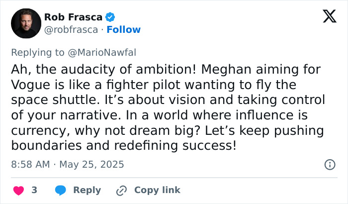 Tweet by Rob Frasca discussing Meghan Markle’s Vogue cover ambitions and influence in redefining success and narrative control. Tweet by Rob Frasca discussing Meghan Markle’s Vogue cover ambitions and influence in redefining success and narrative control.