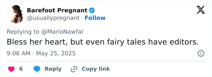 Tweet by Barefoot Pregnant replying to MarioNawfal about fairy tales and editors, related to Meghan Markle Vogue cover demands. Tweet by Barefoot Pregnant replying to MarioNawfal about fairy tales and editors, related to Meghan Markle Vogue cover demands.