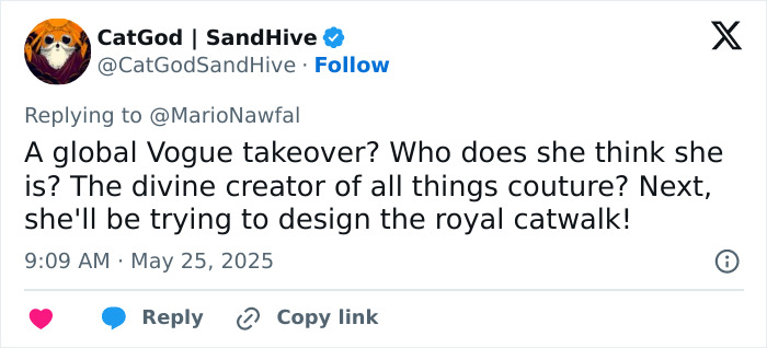 Tweet about a Vogue takeover involving Meghan Markle’s diva demands and the fallout with the editor. Tweet about a Vogue takeover involving Meghan Markle’s diva demands and the fallout with the editor.