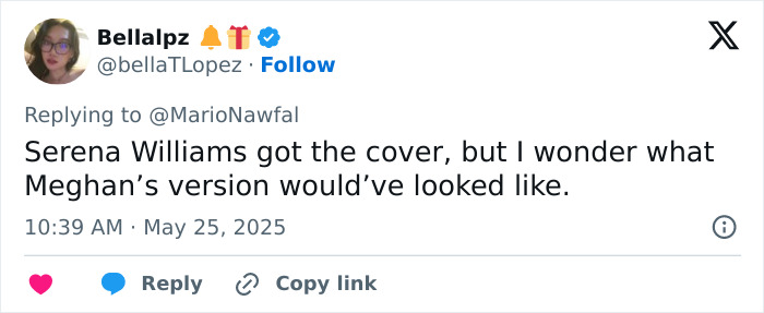 Twitter post by user Bellalpz speculating on Meghan Markle’s Vogue cover compared to Serena Williams’ cover image. Twitter post by user Bellalpz speculating on Meghan Markle’s Vogue cover compared to Serena Williams’ cover image.