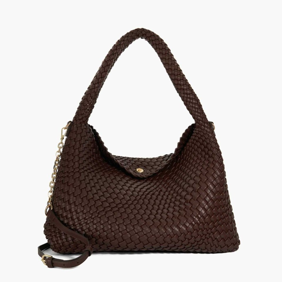 Brown woven hobo bag with a chain strap.