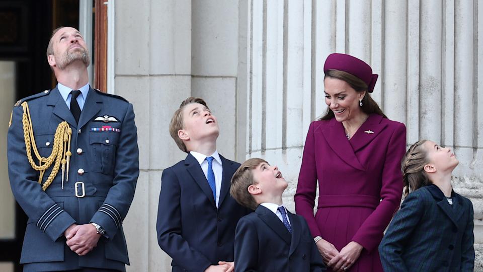 Prince William, Prince George, Prince Louis, Princess Kate and Princess Charlotte on the balcony for VE Day 80