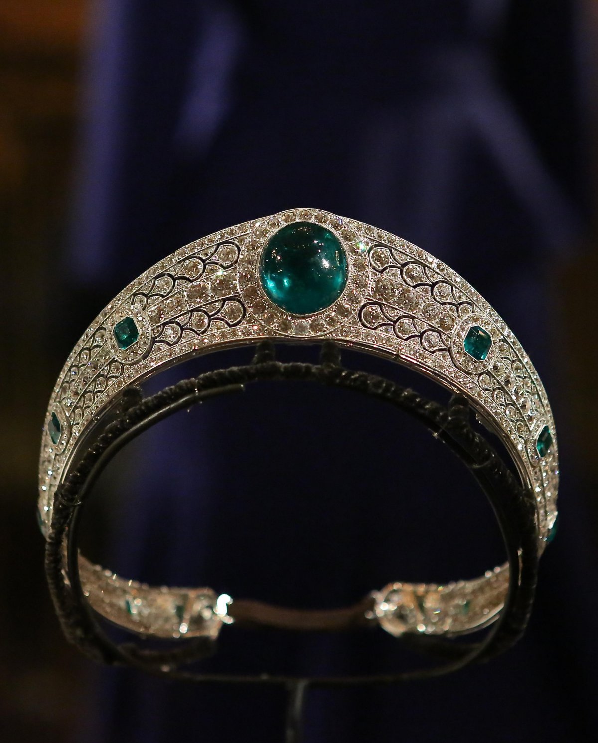 The Greville Emerald Kokoshnik Tiara, worn by Princess Eugenie on her wedding day, is displayed at Windsor Castle on February 28, 2019 (Charlie J Ercilla/Alamy)