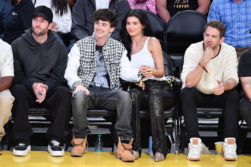 LOS ANGELES, CALIFORNIA - APRIL 30: Timothee Chalamet and Kylie Jenner attend a basketball game between the Los Angeles Lakers and the Minnesota Timberwolves at Crypto.com Arena on April 30, 2025 in Los Angeles, California. NOTE TO USER: User expressly acknowledges and agrees that, by downloading and or using this photograph, User is consenting to the terms and conditions of the Getty Images License Agreement. (Photo by Allen Berezovsky/Getty Images)