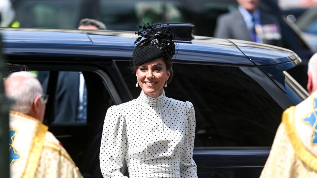 Kate Middleton dazzles in white polkadots as she attends the Service of Thanksgiving at Westminster Abbey to mark the 80th anniversary of VE Day Kate Middleton dazzles in white polkadots as she attends the Service of Thanksgiving at Westminster Abbey to mark the 80th anniversary of VE Day