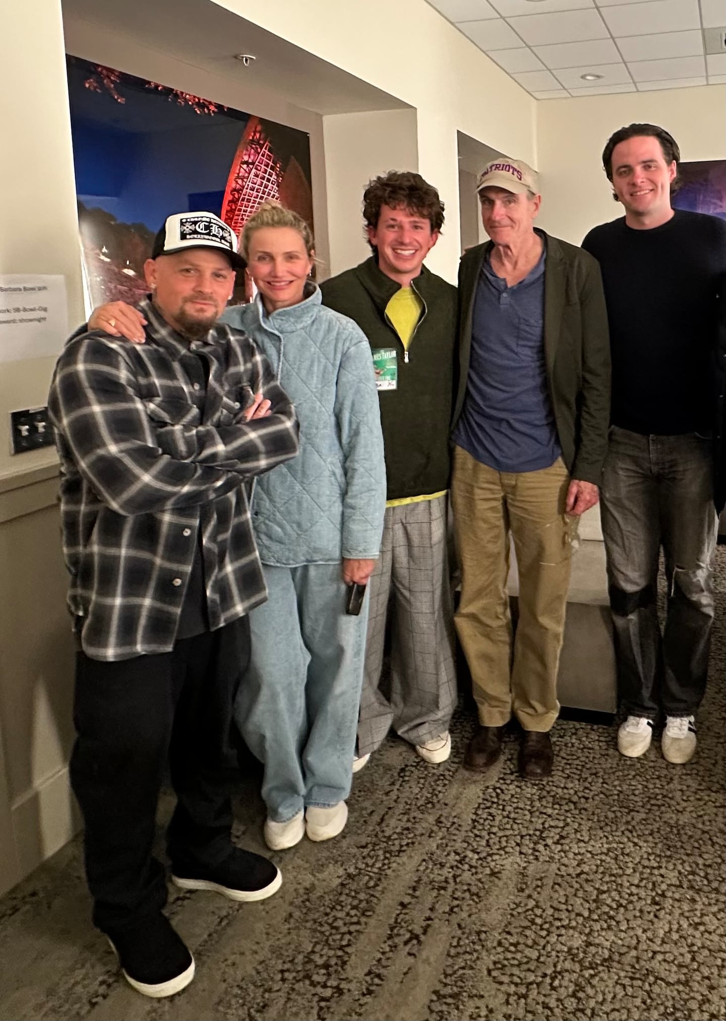 Benji Madden (left), Cameron Diaz (second from left) and Charlie Puth (third from left) with James Taylor (fourth from left).
