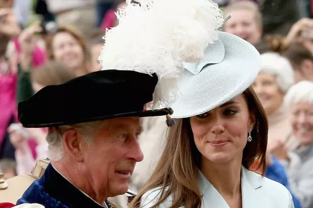 The Prince of Wales and the Duchess of Cambridge travel by carriage after the Order of the Garter service at St George's Chapel, Windsor Castle.