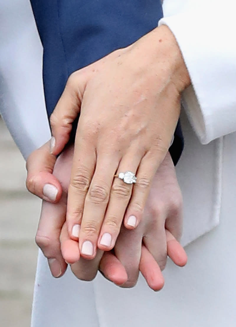 LONDON, ENGLAND - NOVEMBER 27: Prince Harry and Meghan Markle during an official photocall to announce the engagement of Prince Harry and actress Meghan Markle at The Sunken Gardens at Kensington Palace on November 27, 2017 in London, England. Prince Harry and Meghan Markle have been a couple officially since November 2016 and are due to marry in Spring 2018. (Photo by Chris Jackson/Getty Images)