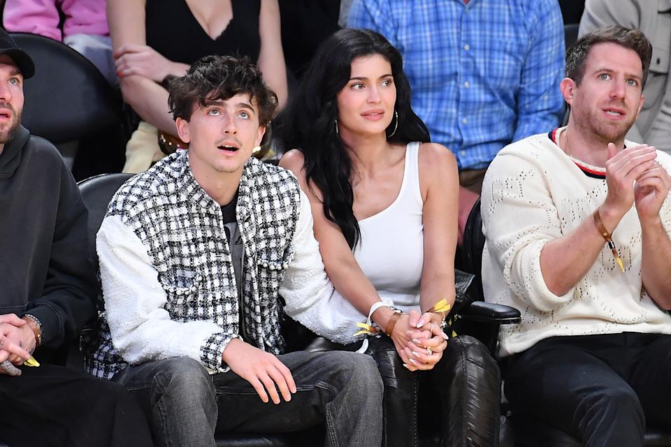 LOS ANGELES, CALIFORNIA - APRIL 30: Timothee Chalamet and Kylie Jenner attend a basketball game between the Los Angeles Lakers and the Minnesota Timberwolves at Crypto.com Arena on April 30, 2025 in Los Angeles, California. NOTE TO USER: User expressly acknowledges and agrees that, by downloading and or using this photograph, User is consenting to the terms and conditions of the Getty Images License Agreement. (Photo by Allen Berezovsky/Getty Images)