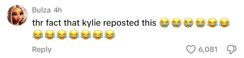 Comment expressing excitement about Kylie reposting, with multiple crying and laughing emojis. 6,081 likes shown