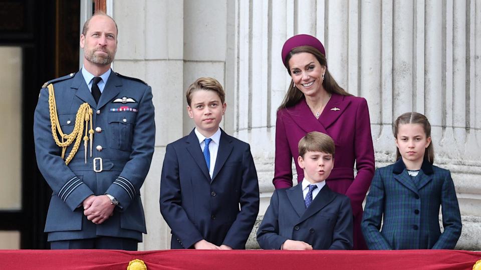 PHOTO: Prince William, Prince George, Prince Louis, the Princess of Wales, and Princess Charlotte on the balcony of Buckingham Palace during events marking the 80th anniversary of VE Day, May 5, 2025, in London. (Chris Jackson/Getty Images)