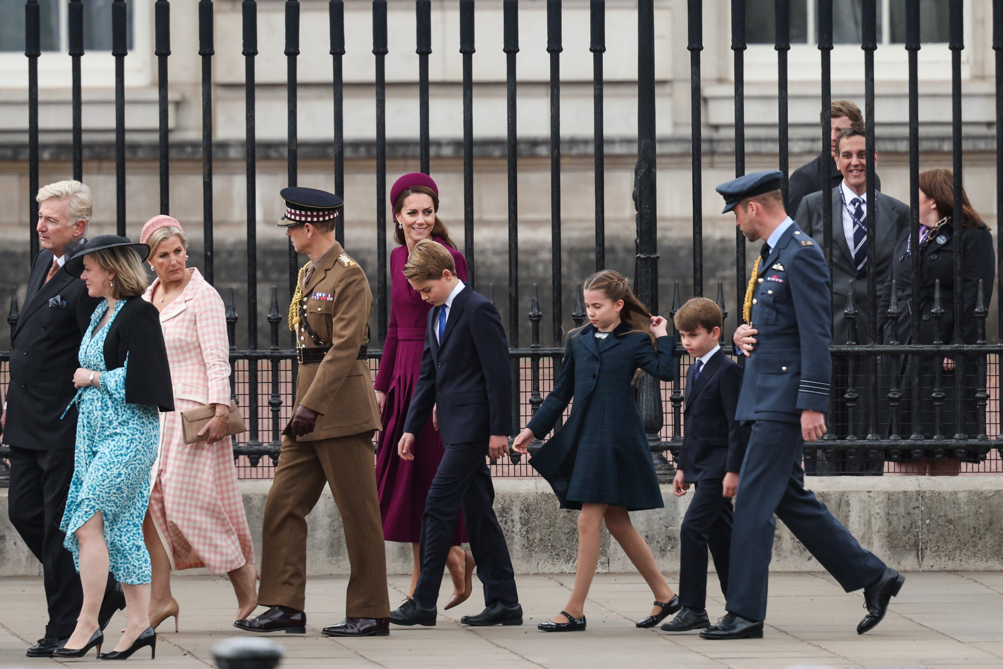 Kate Middleton, Prince Wiliam, Prince George, Prince Louis and Princess Charlotte arrive ahead of the armed forces procession to celebrate the 80th anniversary of VE Day also known as Victory in Europe Day, marking the end of the Second World War in Europe, on May 5, 2025, in London. 
