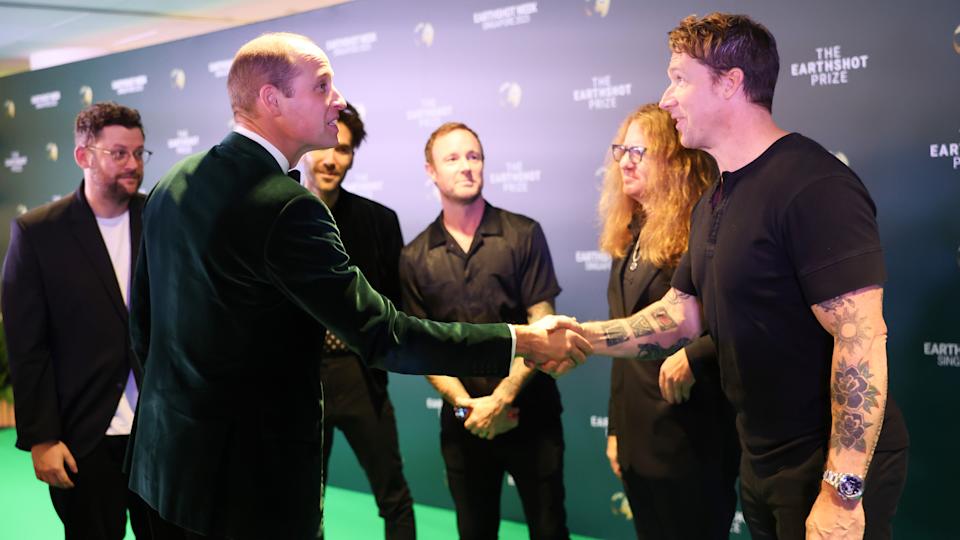 Prince William, Prince of Wales speaks with members of OneRepublic during the 2023 Earthshot Prize Awards Ceremony on November 07, 2023