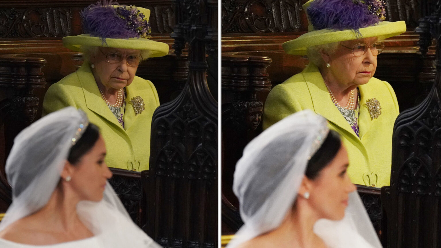 Royal Expert Reveals Queen’s Negative Comment About Meghan Markle’s Wedding Dress Queen Elizabeth wears a lime green outfit and looks at Meghan Markle who is wearing a veil and white wedding dress at her nuptials to Prince Harry on May 19, 2018