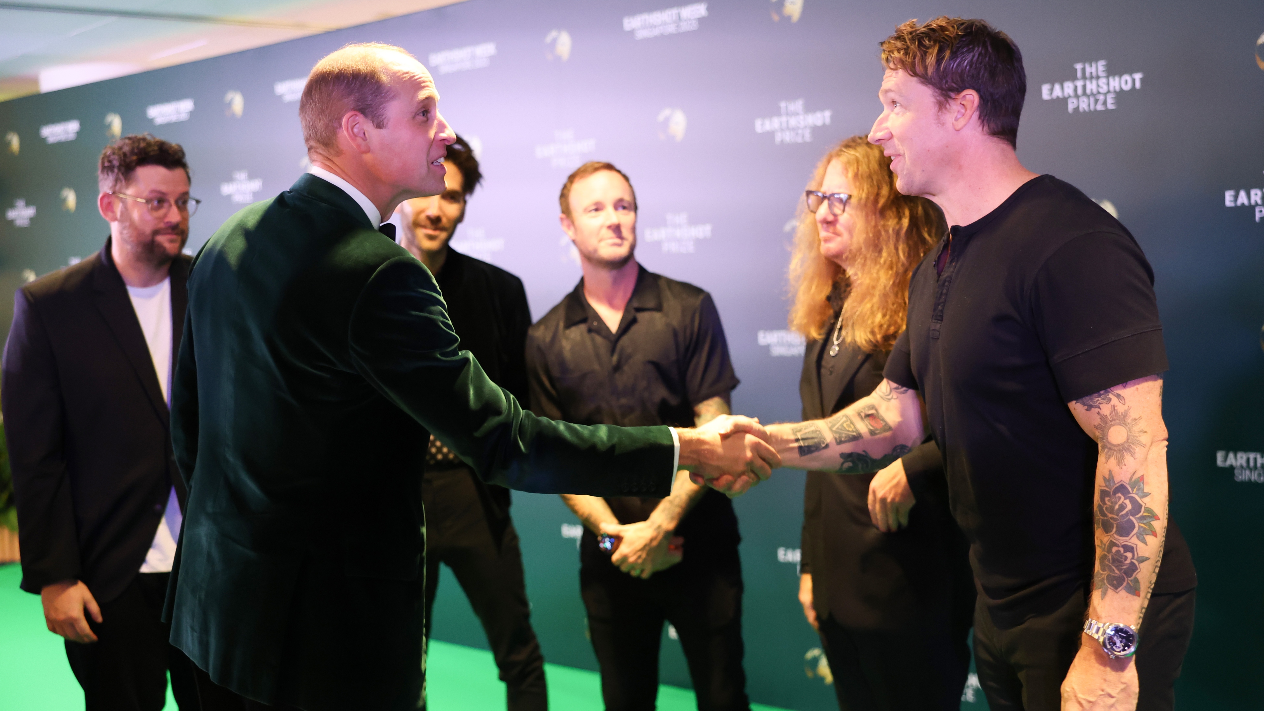Prince William, Prince of Wales speaks with members of OneRepublic during the 2023 Earthshot Prize Awards Ceremony on November 07, 2023