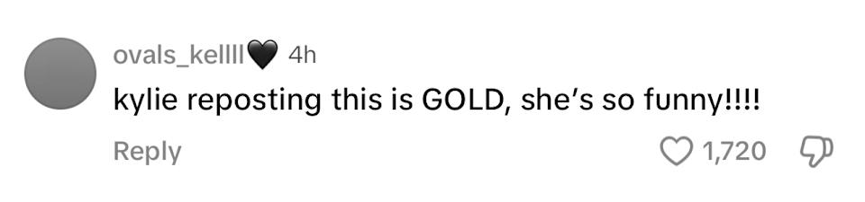 Social media comment reads: "kylie reposting this is GOLD, she's so funny!!!!" with 1,720 likes