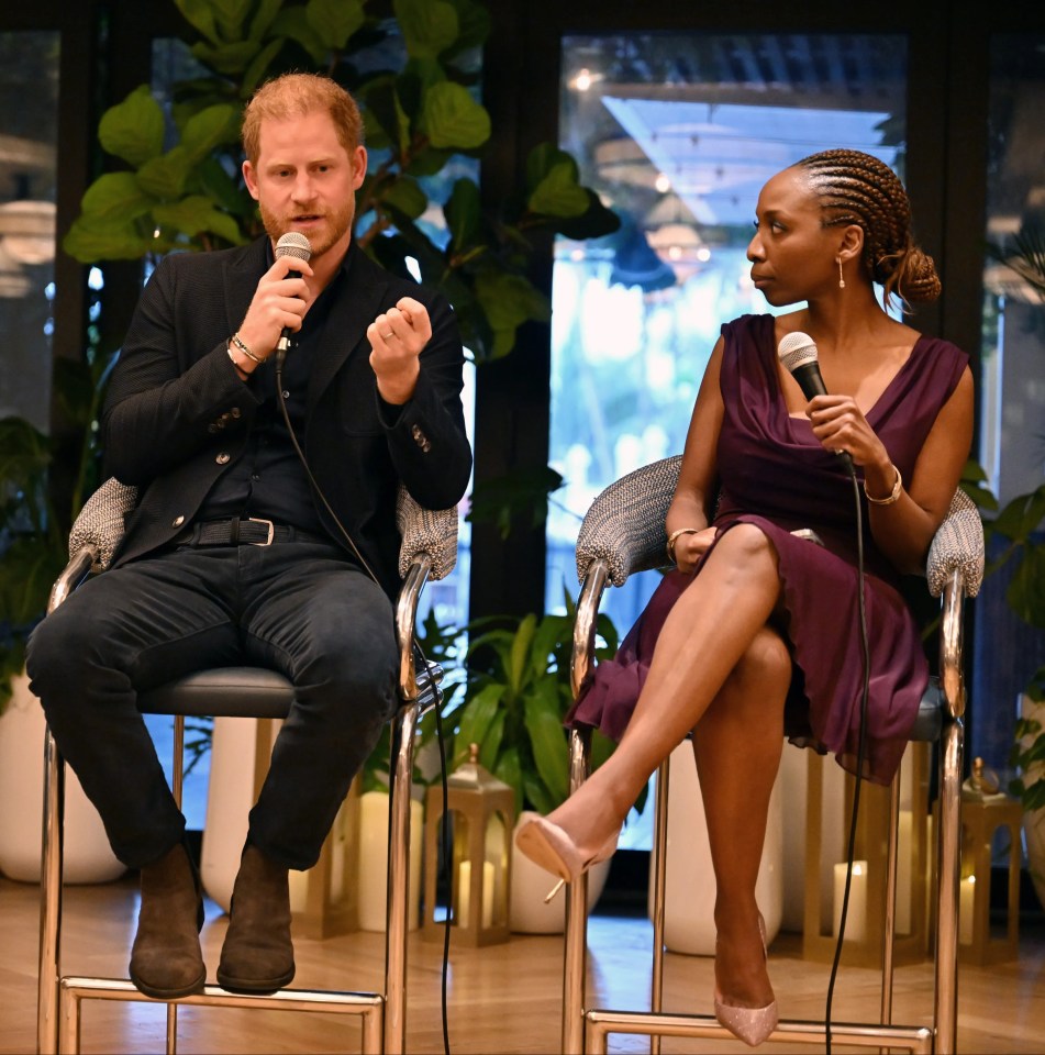 Prince Harry, Alix Lebec, and Dr. Sophie Chandauka participating in a panel discussion.