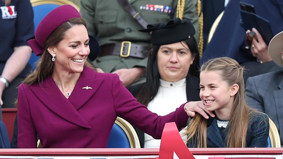 PHOTO: Catherine, Princess of Wales and Princess Charlotte of Wales during the military procession to mark the 80th anniversary of VE Day, May 5, 2025 in London. (Chris Jackson/Getty Images)