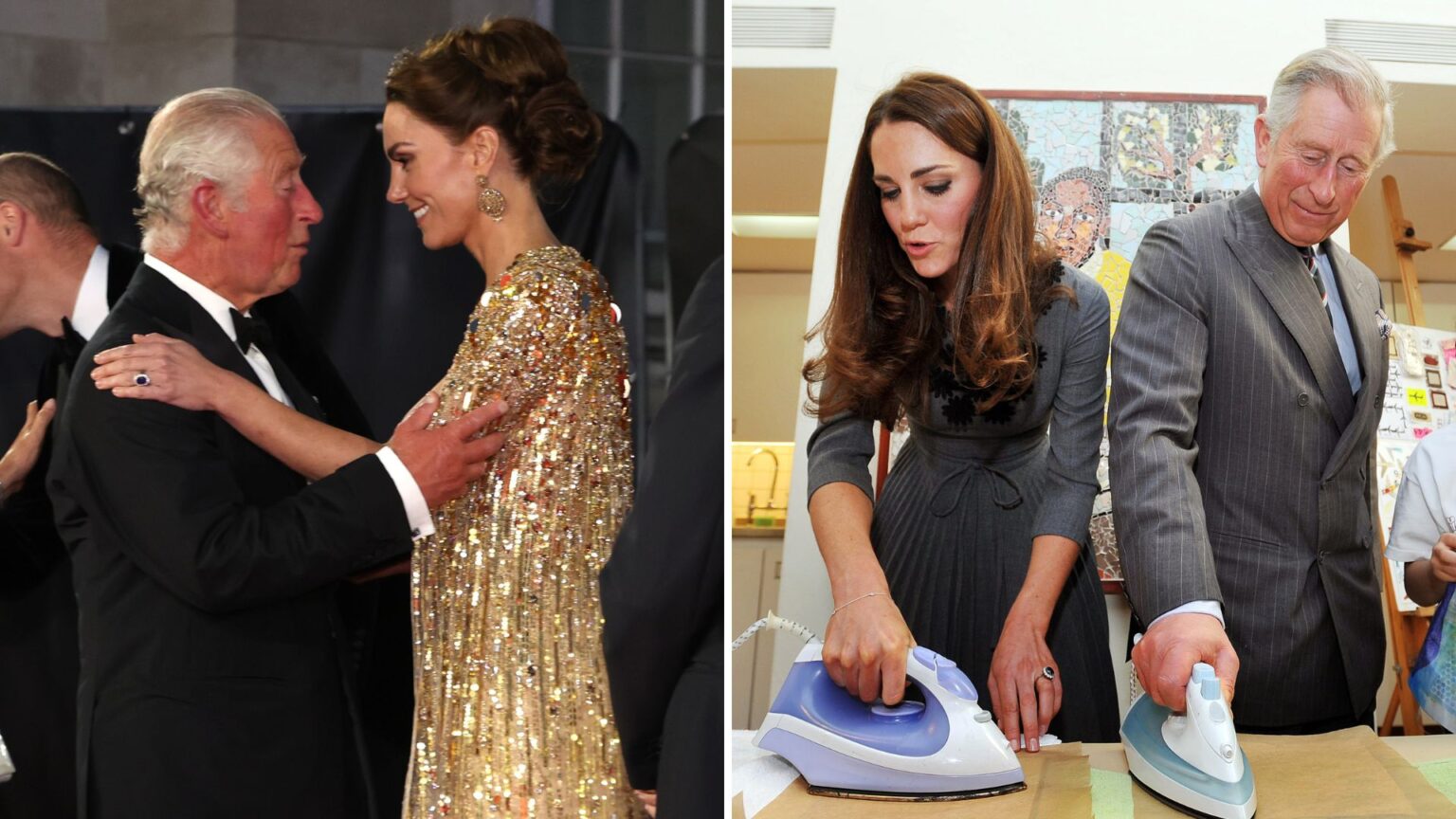 Kate Middleton’s favorite hobby is ‘less than satisfying’ for King L-King Charles embraces Kate Middleton, R- Kate Middleton and King Charles ironing some paper in an art class