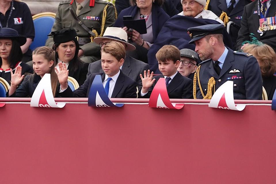 (left right) princess charlotte, prince george, prince louis and the prince of wales watching the military procession for the 80th anniversary of ve day, at buckingham palace in central london. picture date: monday may 5, 2025. (photo by jonathan brady/pa images via getty images)