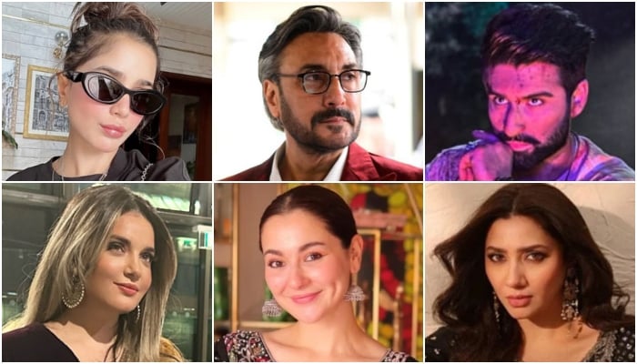(Clockwise from top left) Pakistani actors Aima Baig, Adnan Siddiqui, Muneeb Butt, Mahira Khan, Hania Aamir and Armeena Khan. — Instagram/File