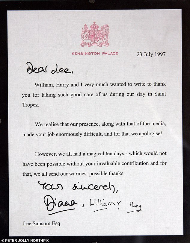 The letter Diana sent Lee after the trip in St Tropez, thank him for his service, which Lee now treasures dearly