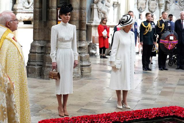 JORDAN PETTITT/POOL/AFP via Getty Kate Middleton and Queen Camilla during a Service of Thanksgiving to mark the 80th anniversary of VE Day