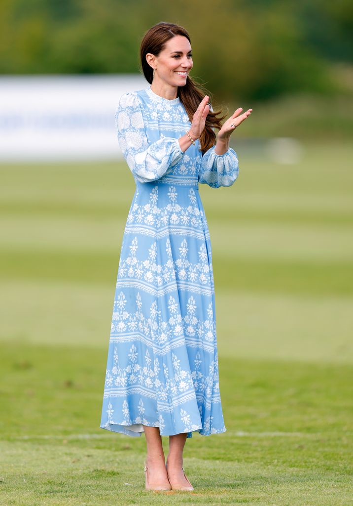 Princess Kate wears a blue floral midi dress at the Guards Polo Club in 2023