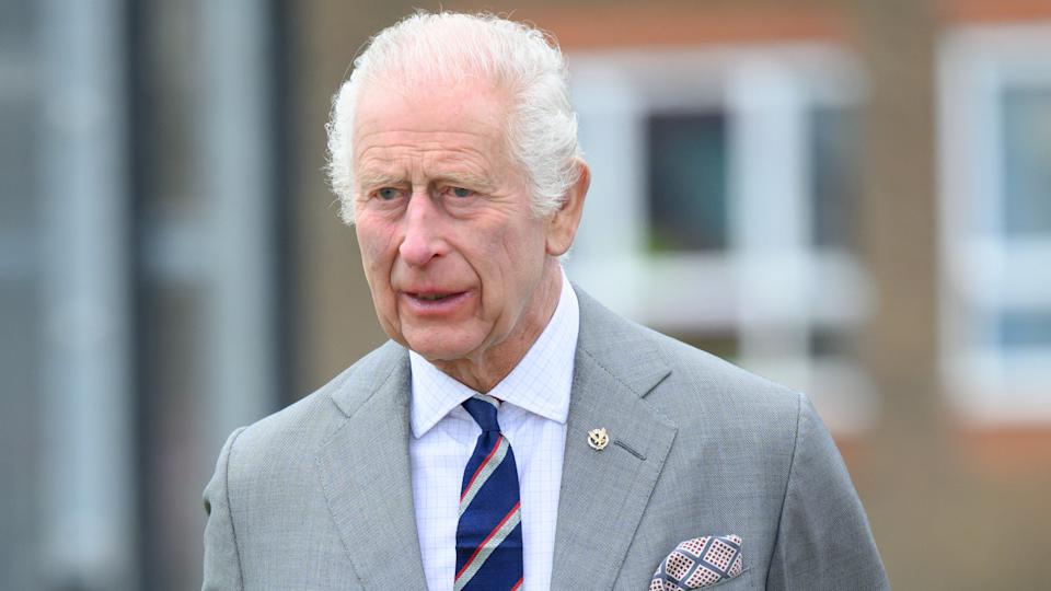 King Charles III walks during the official handover in which King Charles III passes the role of Colonel-in-Chief of the Army Air Corps to Prince William