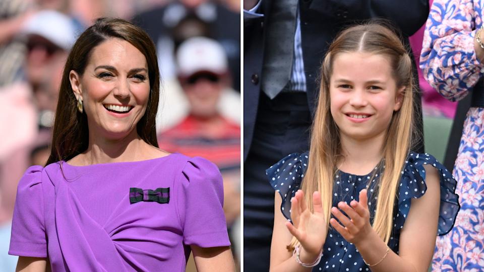  Composite of a picture of Kate Middleton smiling at the Men’s Singles Final at Wimbledon in 2024 and a picture of Princess Charlotte clapping at the same event . 
