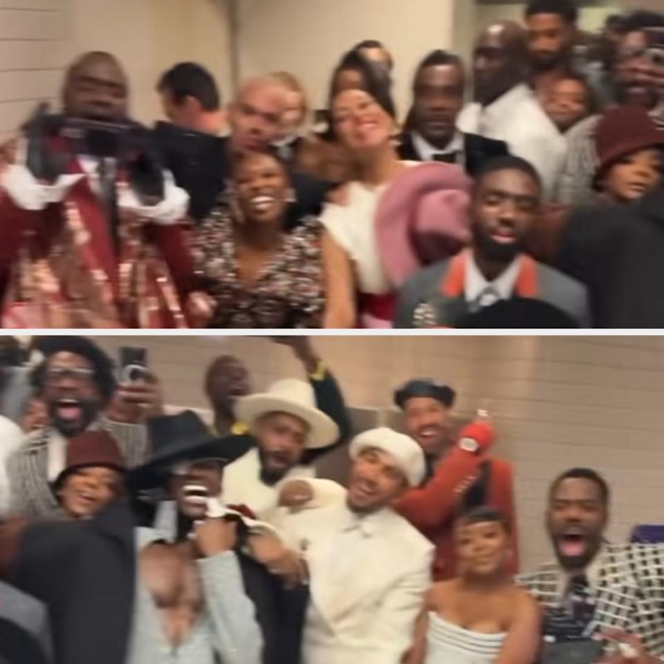 Group of joyful people posing for selfies at a celebrity event, wearing stylish and diverse outfits, expressing excitement and energy