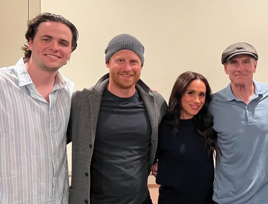 James Taylor, right, with Prince Harry, second from left, and Meghan Markle, third from left.