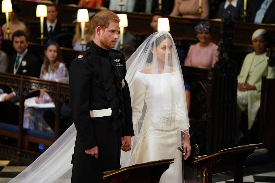 Prince Harry and Meghan Markle at their royal wedding in St. George's Chapel at Windsor Castle on May 19, 2018