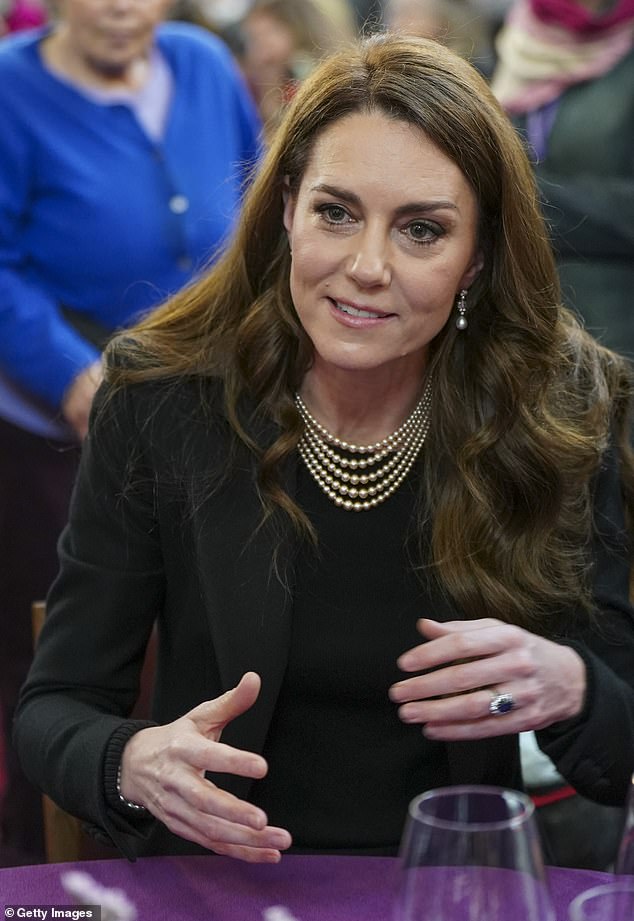 Kate first wore the faux accessory from luxury jeweller Susan Caplan when she attended the Holocaust Memorial Service in January (pictured)